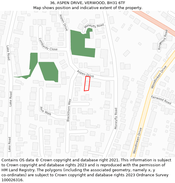 36, ASPEN DRIVE, VERWOOD, BH31 6TF: Location map and indicative extent of plot