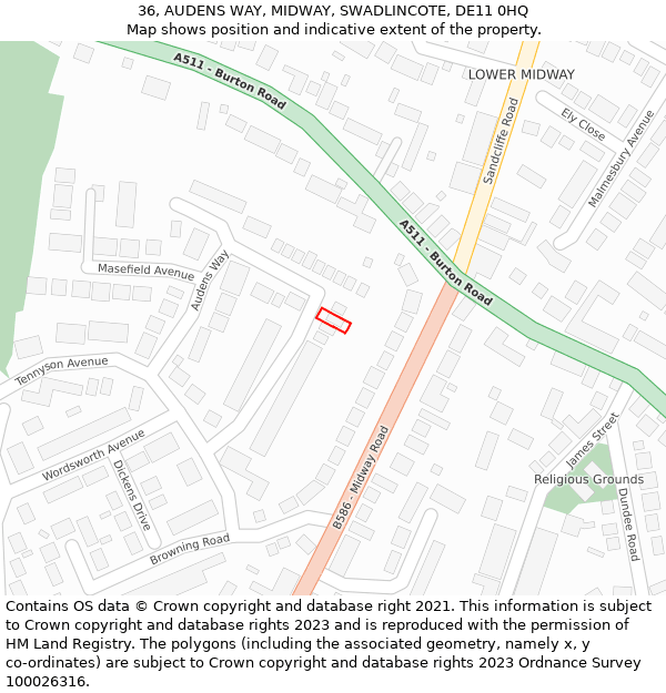 36, AUDENS WAY, MIDWAY, SWADLINCOTE, DE11 0HQ: Location map and indicative extent of plot