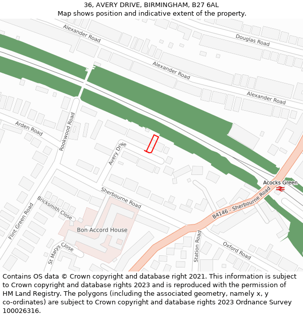 36, AVERY DRIVE, BIRMINGHAM, B27 6AL: Location map and indicative extent of plot