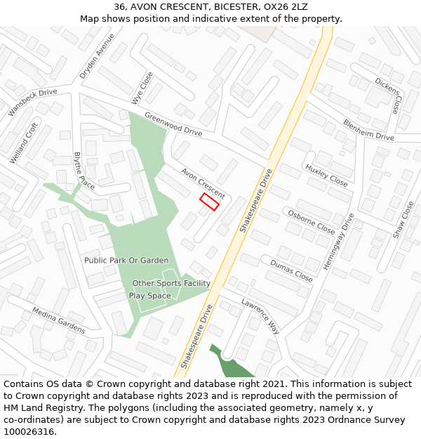 36, AVON CRESCENT, BICESTER, OX26 2LZ: Location map and indicative extent of plot