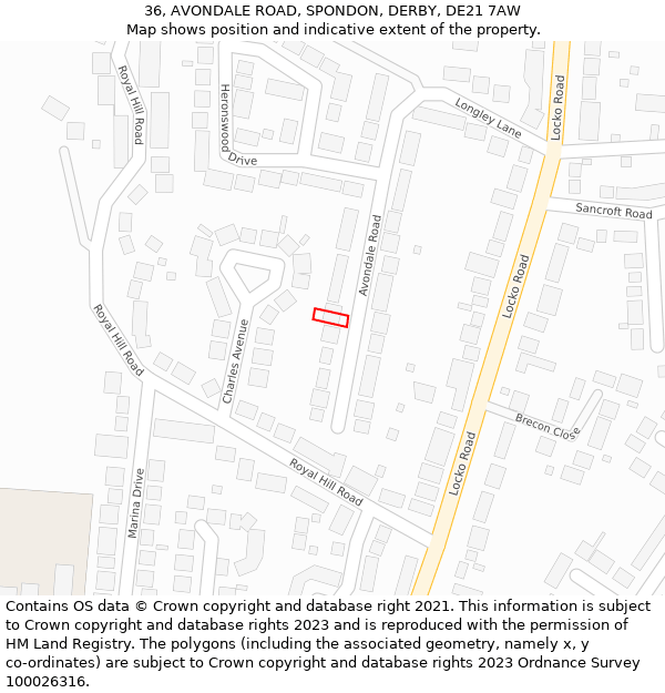 36, AVONDALE ROAD, SPONDON, DERBY, DE21 7AW: Location map and indicative extent of plot