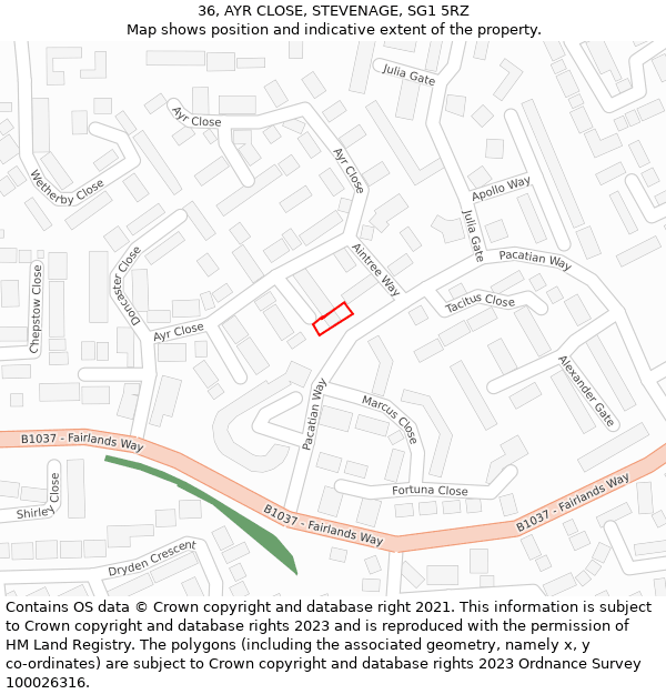 36, AYR CLOSE, STEVENAGE, SG1 5RZ: Location map and indicative extent of plot