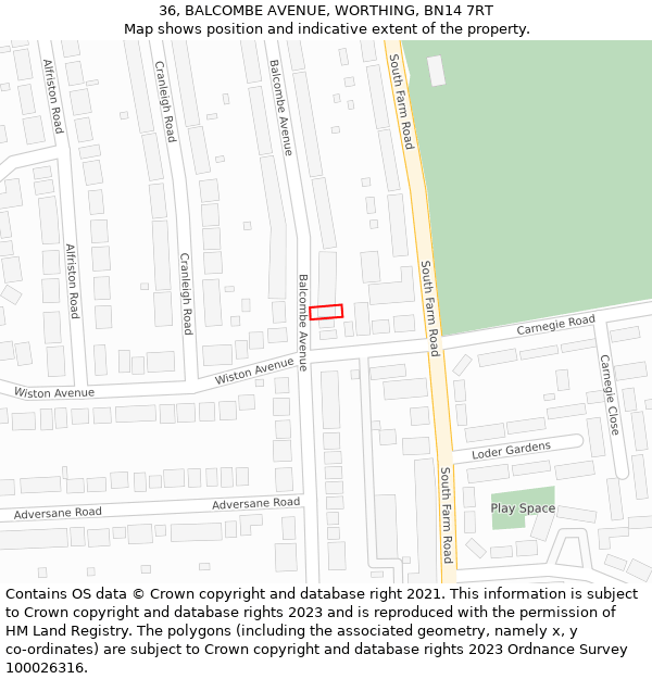 36, BALCOMBE AVENUE, WORTHING, BN14 7RT: Location map and indicative extent of plot