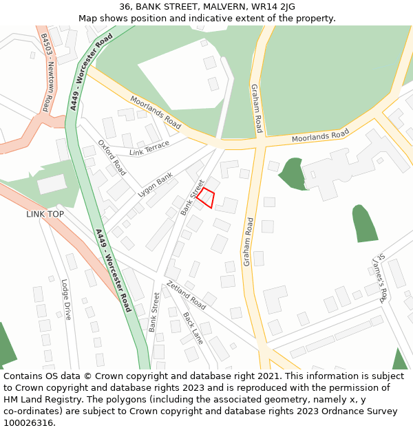 36, BANK STREET, MALVERN, WR14 2JG: Location map and indicative extent of plot
