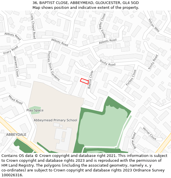 36, BAPTIST CLOSE, ABBEYMEAD, GLOUCESTER, GL4 5GD: Location map and indicative extent of plot
