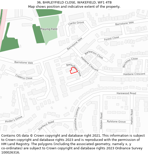 36, BARLEYFIELD CLOSE, WAKEFIELD, WF1 4TB: Location map and indicative extent of plot