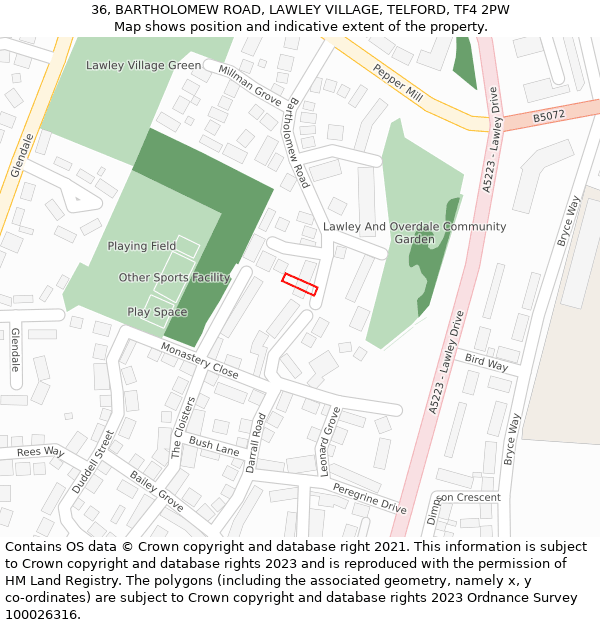 36, BARTHOLOMEW ROAD, LAWLEY VILLAGE, TELFORD, TF4 2PW: Location map and indicative extent of plot