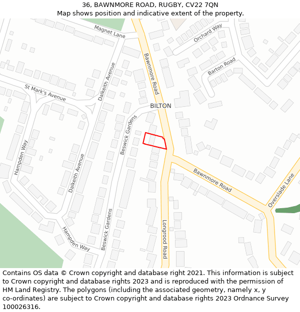 36, BAWNMORE ROAD, RUGBY, CV22 7QN: Location map and indicative extent of plot