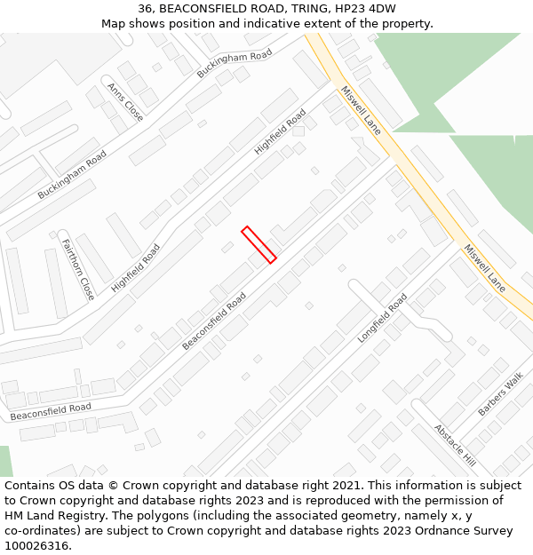 36, BEACONSFIELD ROAD, TRING, HP23 4DW: Location map and indicative extent of plot