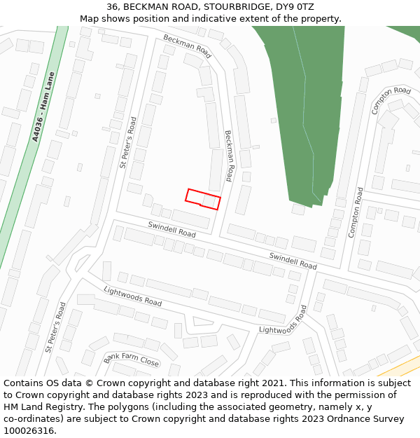 36, BECKMAN ROAD, STOURBRIDGE, DY9 0TZ: Location map and indicative extent of plot