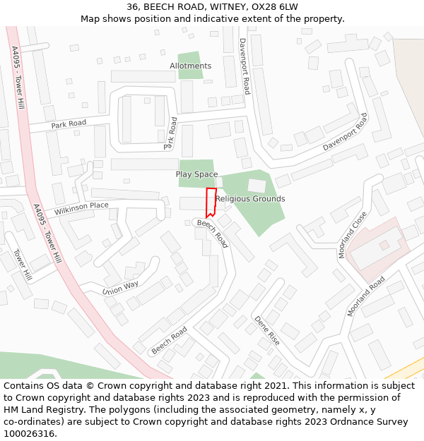 36, BEECH ROAD, WITNEY, OX28 6LW: Location map and indicative extent of plot