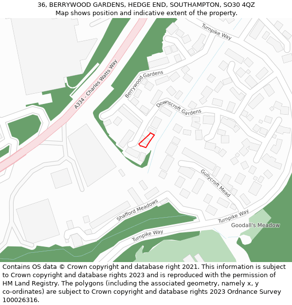 36, BERRYWOOD GARDENS, HEDGE END, SOUTHAMPTON, SO30 4QZ: Location map and indicative extent of plot