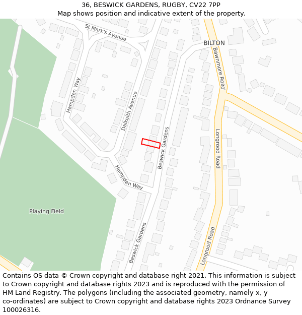 36, BESWICK GARDENS, RUGBY, CV22 7PP: Location map and indicative extent of plot