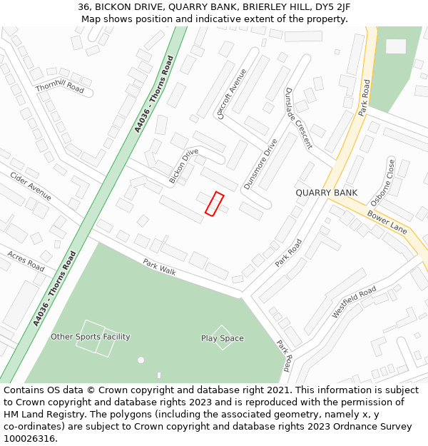 36, BICKON DRIVE, QUARRY BANK, BRIERLEY HILL, DY5 2JF: Location map and indicative extent of plot