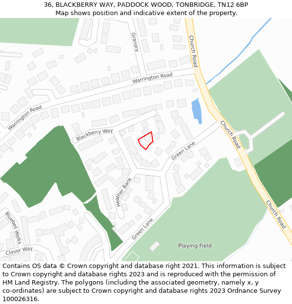 36, BLACKBERRY WAY, PADDOCK WOOD, TONBRIDGE, TN12 6BP: Location map and indicative extent of plot