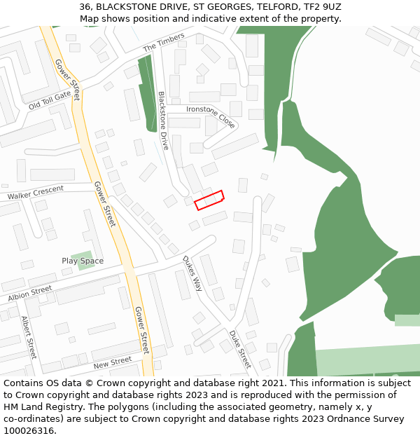 36, BLACKSTONE DRIVE, ST GEORGES, TELFORD, TF2 9UZ: Location map and indicative extent of plot