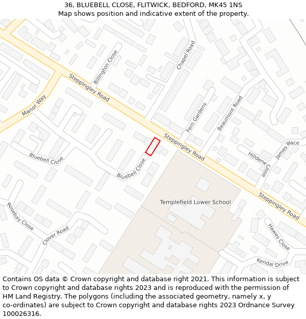 36, BLUEBELL CLOSE, FLITWICK, BEDFORD, MK45 1NS: Location map and indicative extent of plot