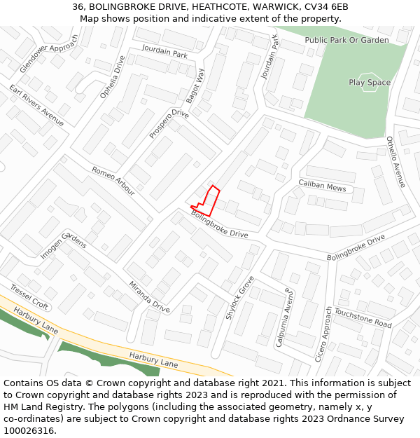 36, BOLINGBROKE DRIVE, HEATHCOTE, WARWICK, CV34 6EB: Location map and indicative extent of plot