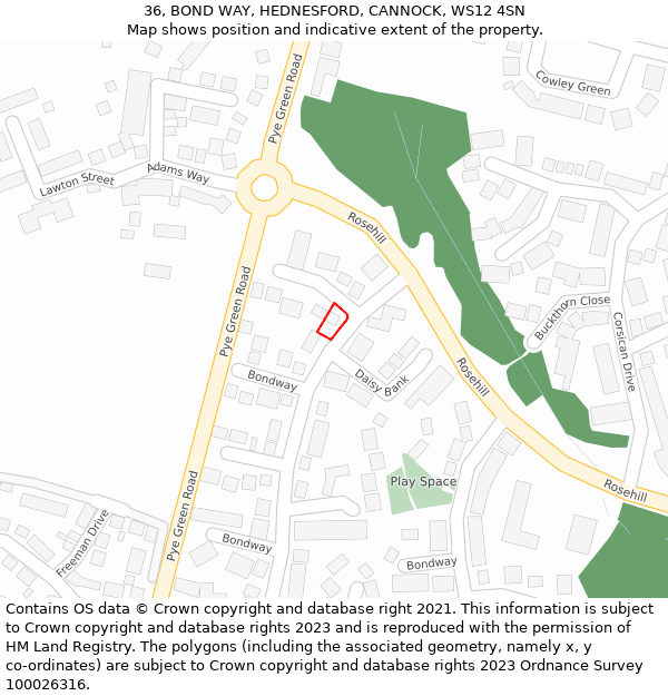 36, BOND WAY, HEDNESFORD, CANNOCK, WS12 4SN: Location map and indicative extent of plot