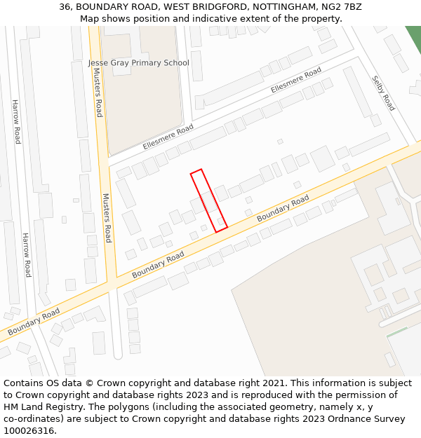 36, BOUNDARY ROAD, WEST BRIDGFORD, NOTTINGHAM, NG2 7BZ: Location map and indicative extent of plot