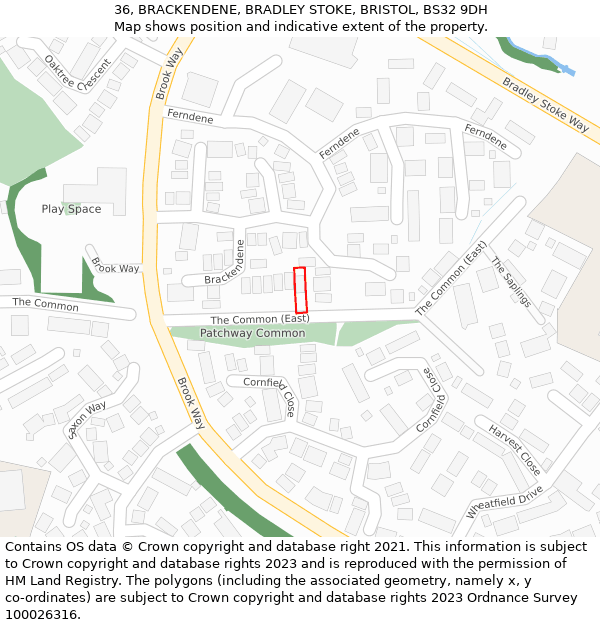 36, BRACKENDENE, BRADLEY STOKE, BRISTOL, BS32 9DH: Location map and indicative extent of plot