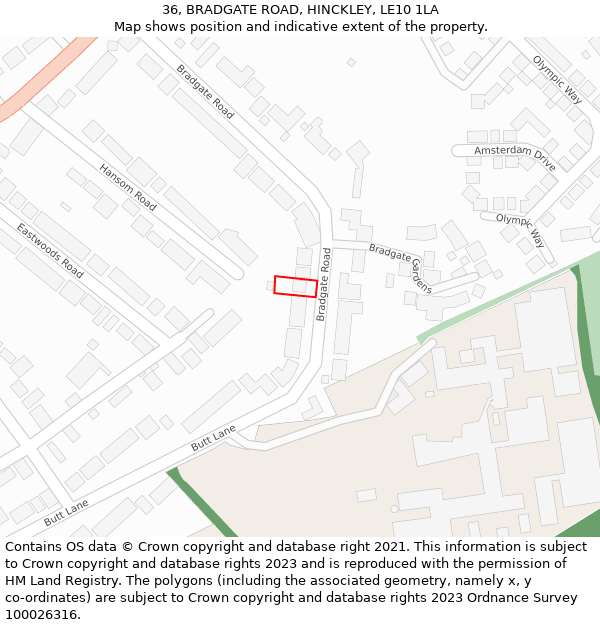 36, BRADGATE ROAD, HINCKLEY, LE10 1LA: Location map and indicative extent of plot