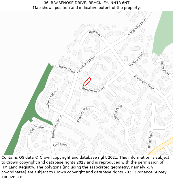 36, BRASENOSE DRIVE, BRACKLEY, NN13 6NT: Location map and indicative extent of plot