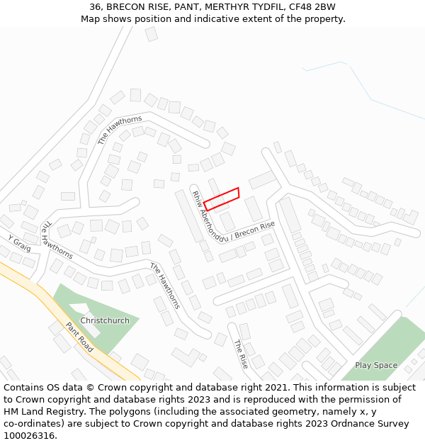 36, BRECON RISE, PANT, MERTHYR TYDFIL, CF48 2BW: Location map and indicative extent of plot