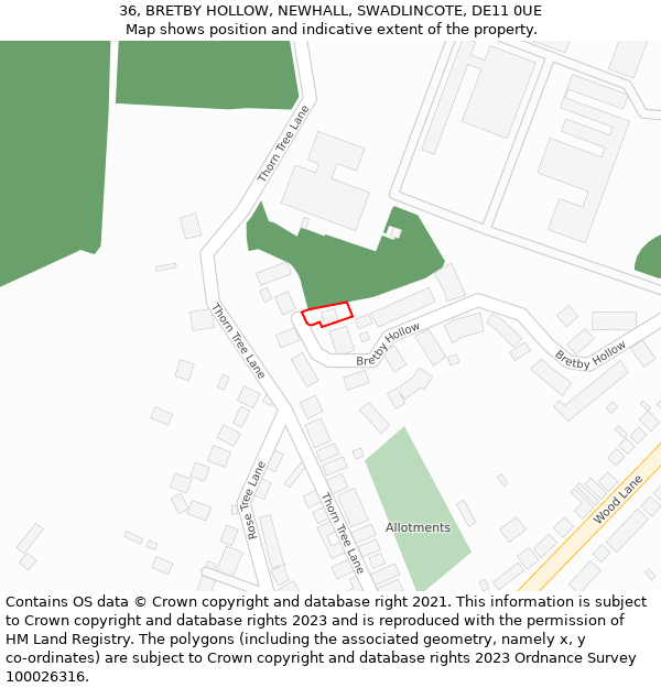 36, BRETBY HOLLOW, NEWHALL, SWADLINCOTE, DE11 0UE: Location map and indicative extent of plot