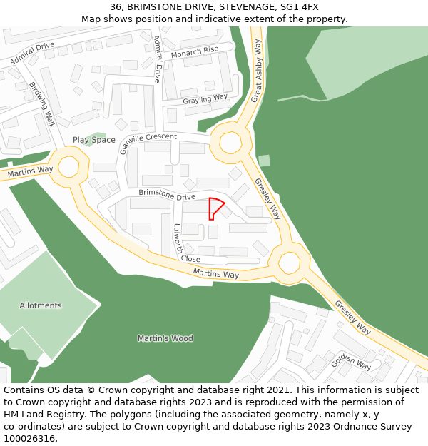 36, BRIMSTONE DRIVE, STEVENAGE, SG1 4FX: Location map and indicative extent of plot