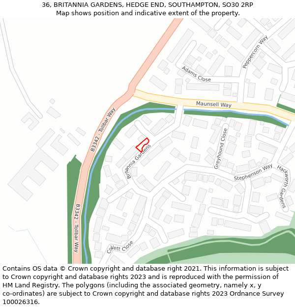 36, BRITANNIA GARDENS, HEDGE END, SOUTHAMPTON, SO30 2RP: Location map and indicative extent of plot