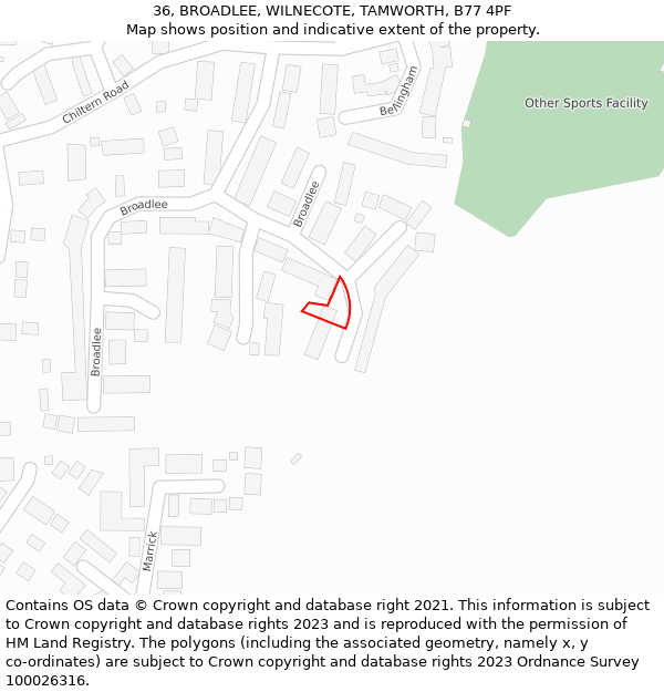 36, BROADLEE, WILNECOTE, TAMWORTH, B77 4PF: Location map and indicative extent of plot