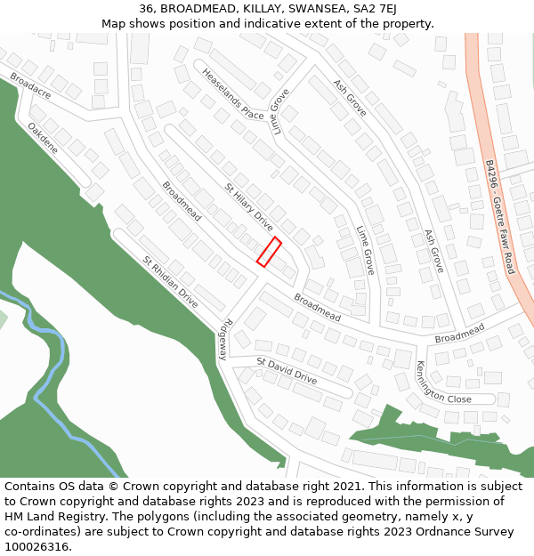 36, BROADMEAD, KILLAY, SWANSEA, SA2 7EJ: Location map and indicative extent of plot