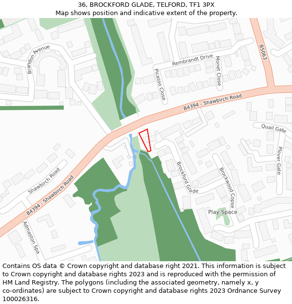 36, BROCKFORD GLADE, TELFORD, TF1 3PX: Location map and indicative extent of plot