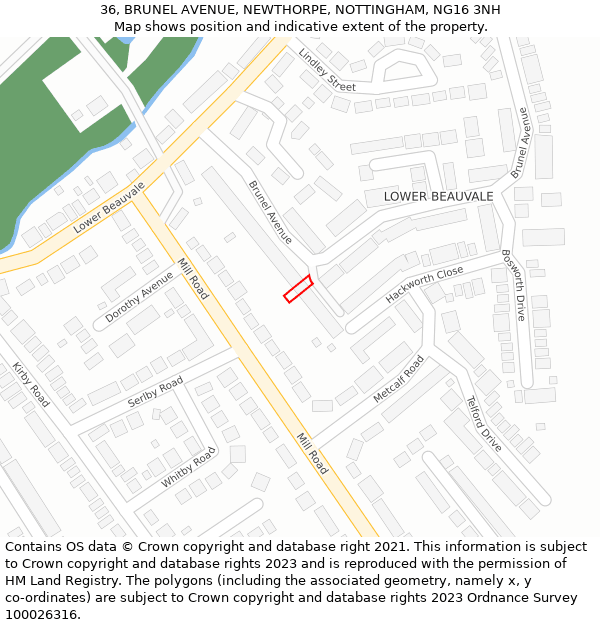 36, BRUNEL AVENUE, NEWTHORPE, NOTTINGHAM, NG16 3NH: Location map and indicative extent of plot