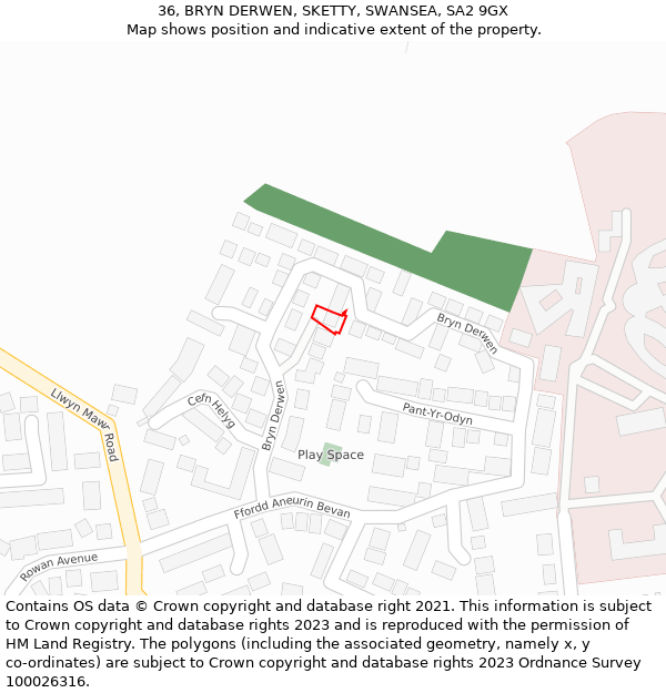 36, BRYN DERWEN, SKETTY, SWANSEA, SA2 9GX: Location map and indicative extent of plot