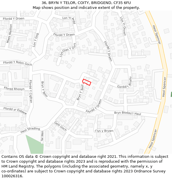 36, BRYN Y TELOR, COITY, BRIDGEND, CF35 6FU: Location map and indicative extent of plot