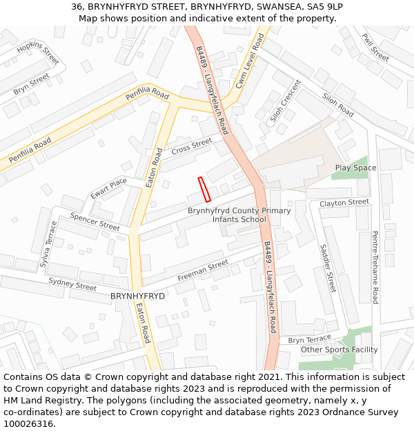 36, BRYNHYFRYD STREET, BRYNHYFRYD, SWANSEA, SA5 9LP: Location map and indicative extent of plot