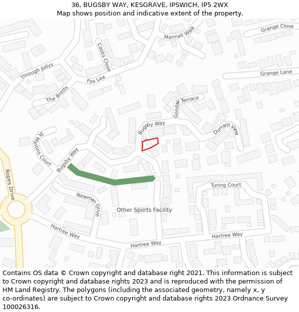 36, BUGSBY WAY, KESGRAVE, IPSWICH, IP5 2WX: Location map and indicative extent of plot