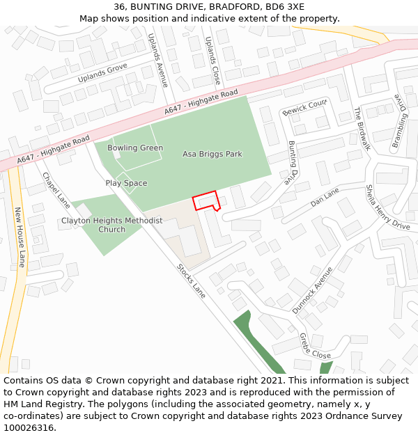 36, BUNTING DRIVE, BRADFORD, BD6 3XE: Location map and indicative extent of plot