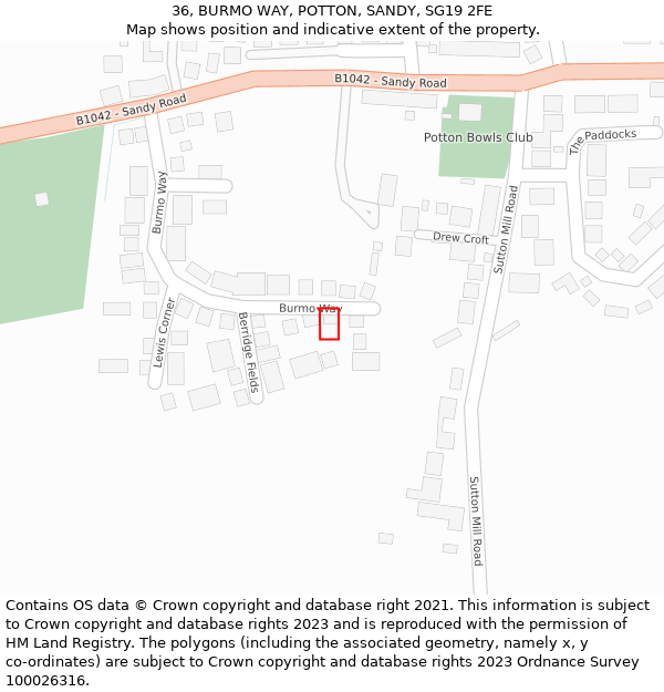 36, BURMO WAY, POTTON, SANDY, SG19 2FE: Location map and indicative extent of plot