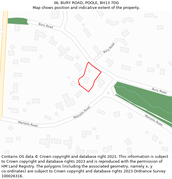 36, BURY ROAD, POOLE, BH13 7DG: Location map and indicative extent of plot