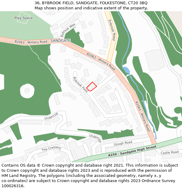 36, BYBROOK FIELD, SANDGATE, FOLKESTONE, CT20 3BQ: Location map and indicative extent of plot