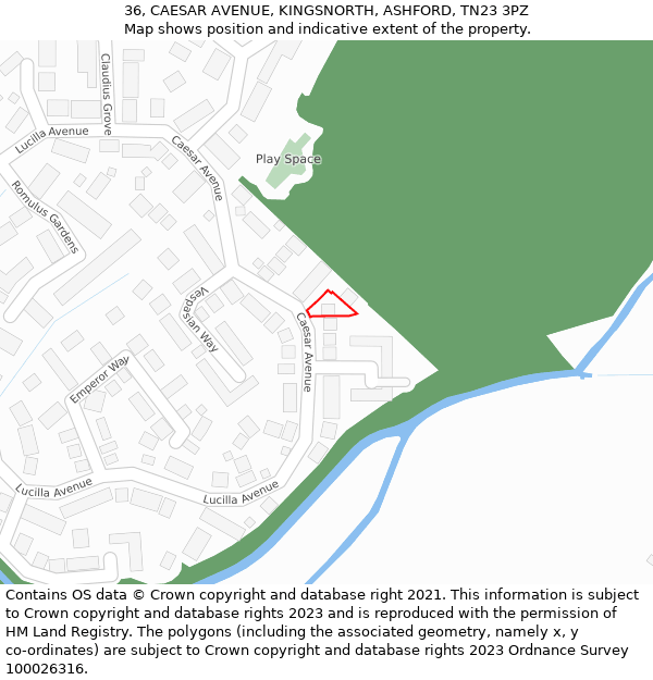 36, CAESAR AVENUE, KINGSNORTH, ASHFORD, TN23 3PZ: Location map and indicative extent of plot