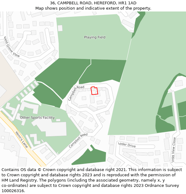 36, CAMPBELL ROAD, HEREFORD, HR1 1AD: Location map and indicative extent of plot