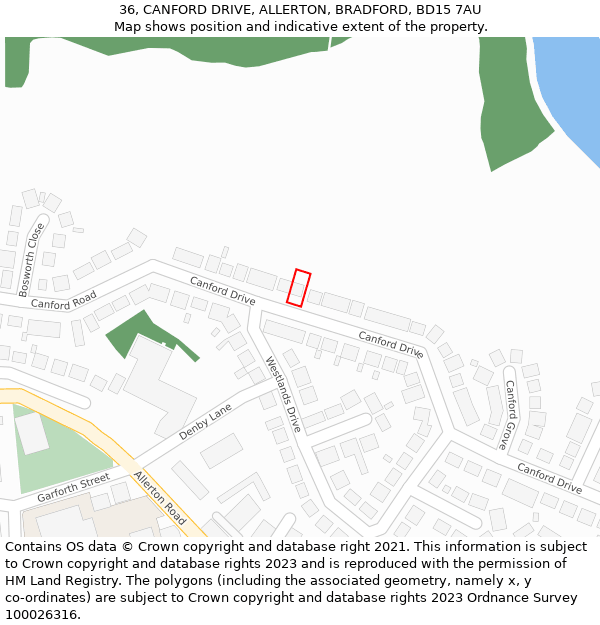 36, CANFORD DRIVE, ALLERTON, BRADFORD, BD15 7AU: Location map and indicative extent of plot