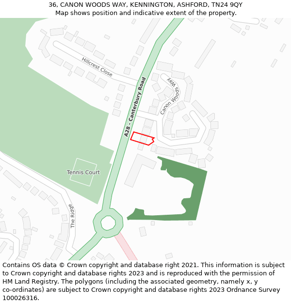 36, CANON WOODS WAY, KENNINGTON, ASHFORD, TN24 9QY: Location map and indicative extent of plot