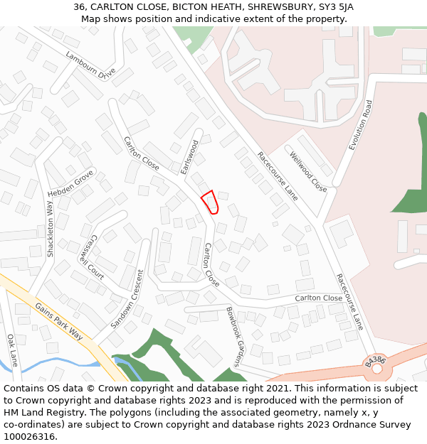 36, CARLTON CLOSE, BICTON HEATH, SHREWSBURY, SY3 5JA: Location map and indicative extent of plot