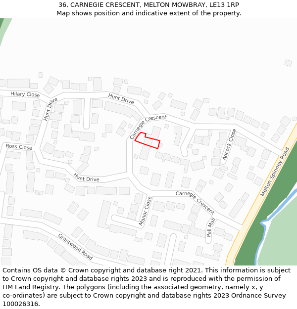 36, CARNEGIE CRESCENT, MELTON MOWBRAY, LE13 1RP: Location map and indicative extent of plot