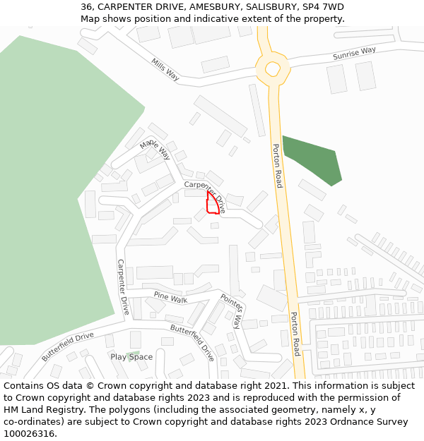 36, CARPENTER DRIVE, AMESBURY, SALISBURY, SP4 7WD: Location map and indicative extent of plot